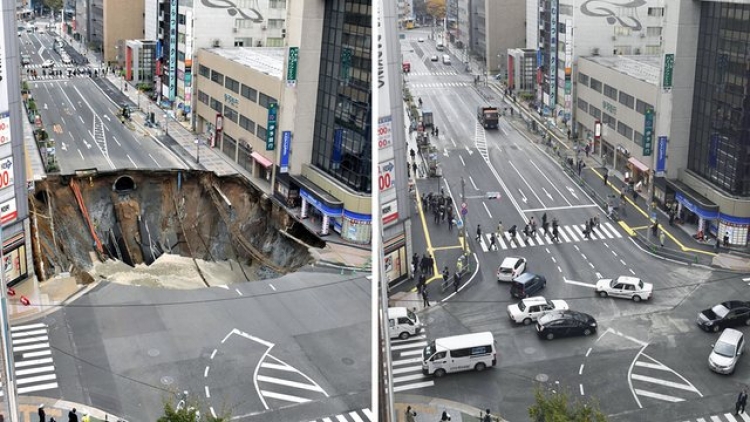 Japonská síla dělníků. Obří kráter v silnici zmizel za pouhé dva dny